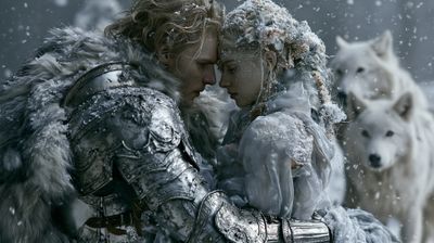 A poignant moment between a warrior and a queen in a snow-laden landscape, guarded by loyal wolves.
