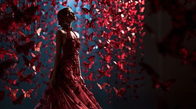 A woman in a red gown stands amidst a swarm of red paper butterflies.