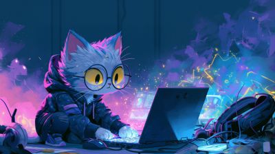 A fluffy grey cat wearing a hoodie and glasses intensely types on a laptop, surrounded by tech gear in a vibrant cyberpunk setting.