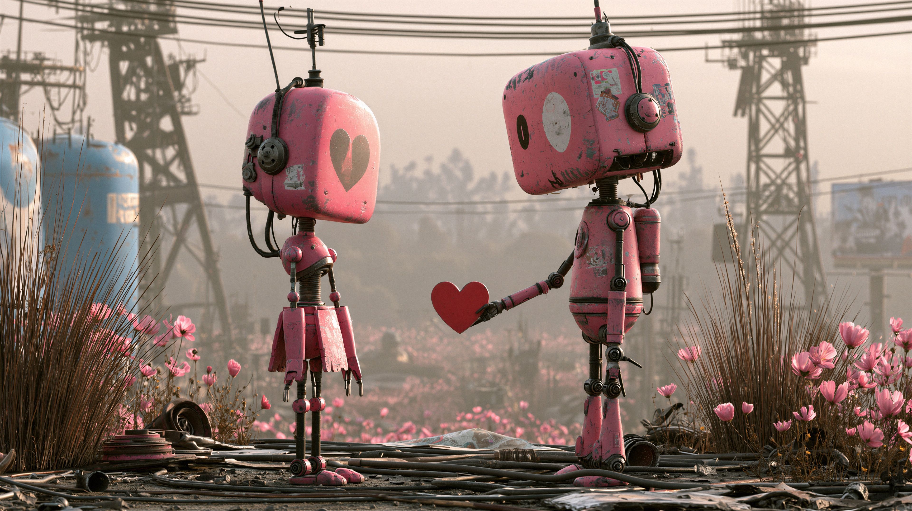 Two pink robots stand amidst a field of pink flowers, one offering a heart to the other in a post-apocalyptic landscape.