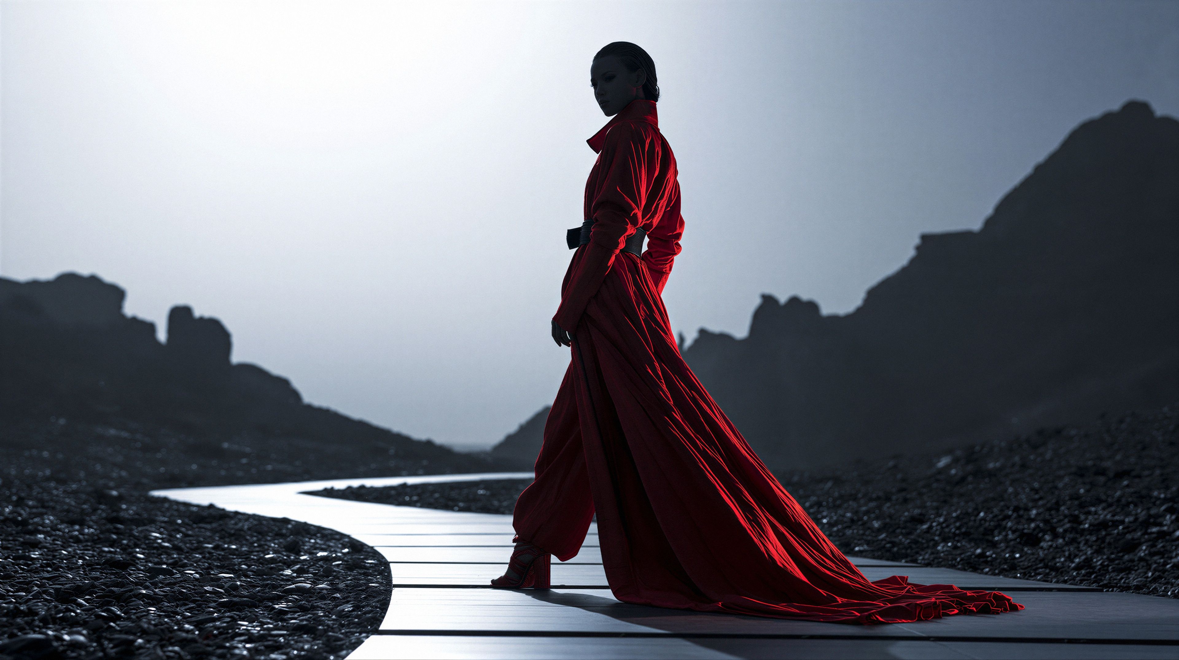 A woman in a flowing red dress walks along a winding path in a desolate, rocky landscape.