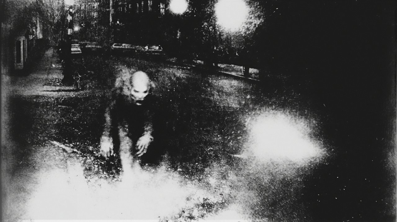 A grainy, black and white photograph depicts a figure seemingly running towards the viewer, set against a blurred, nighttime backdrop.