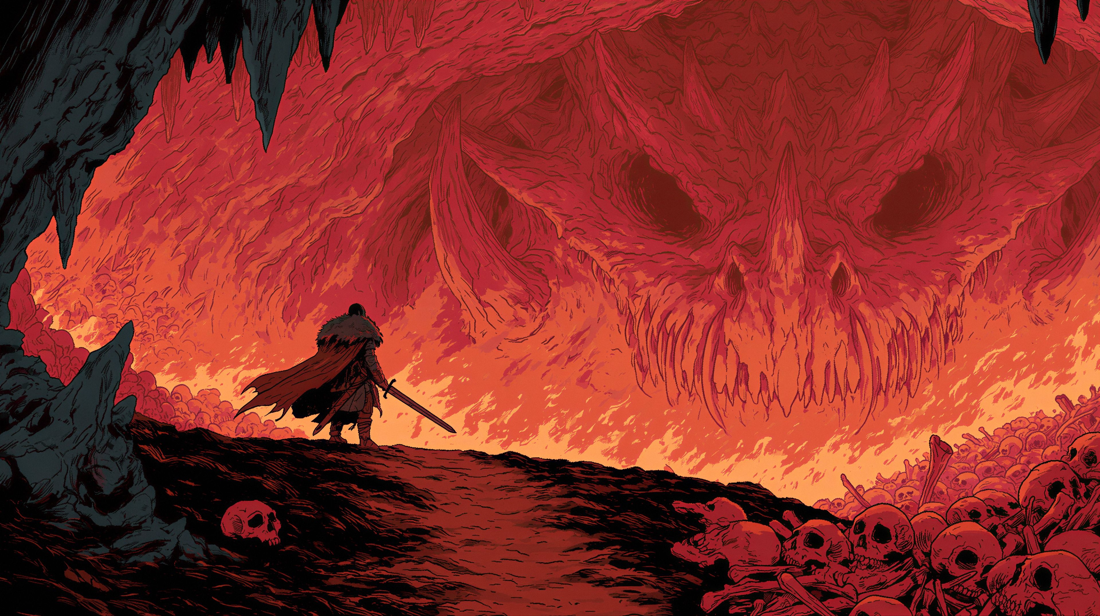 A lone warrior stands before a colossal, skull-shaped mountain of fire and bone.