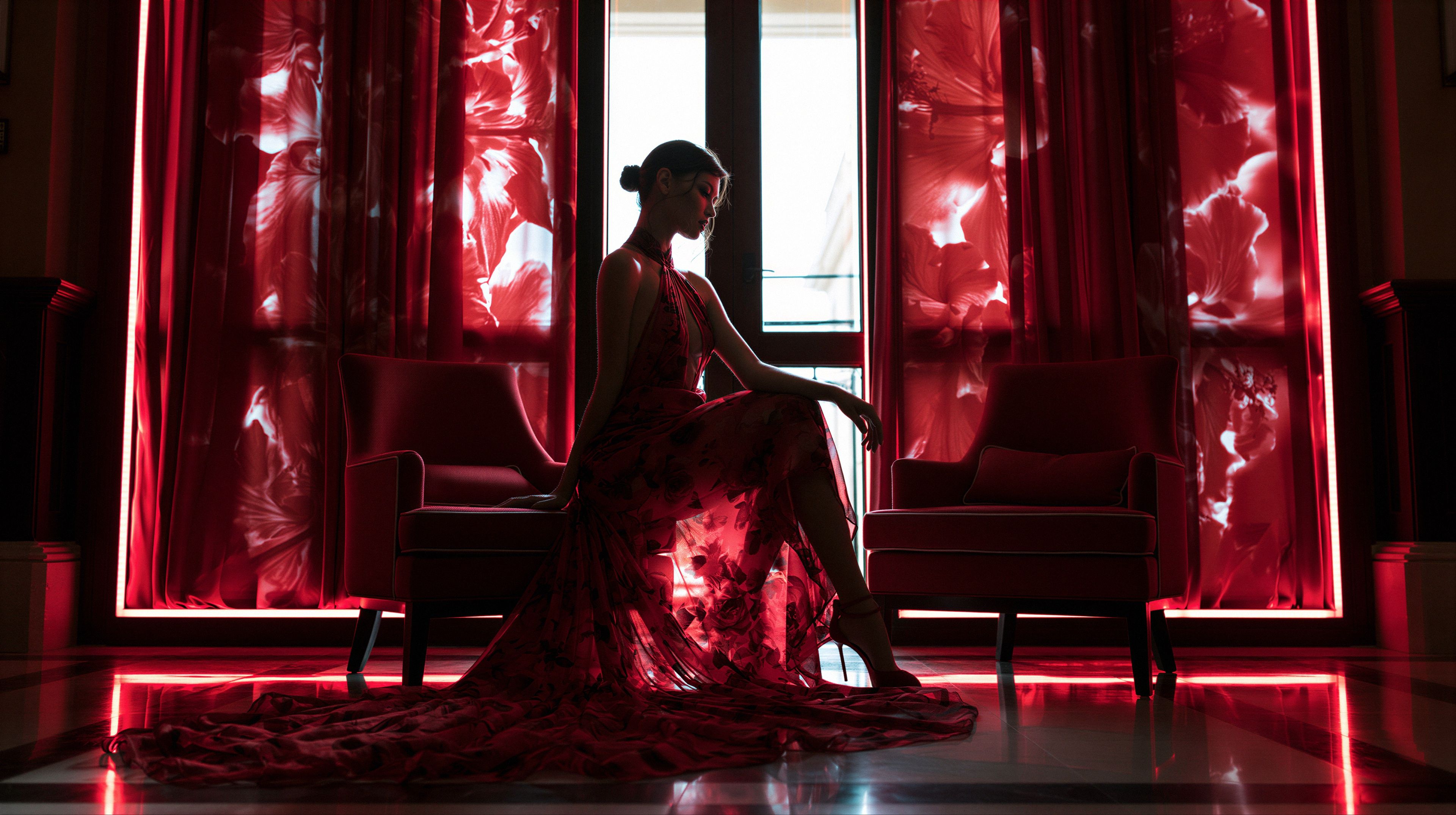 A woman in a flowing red dress sits gracefully in a dimly lit room, bathed in a dramatic red glow.