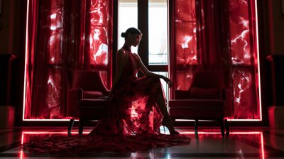 A woman in a flowing red dress sits gracefully in a dimly lit room, bathed in a dramatic red glow.