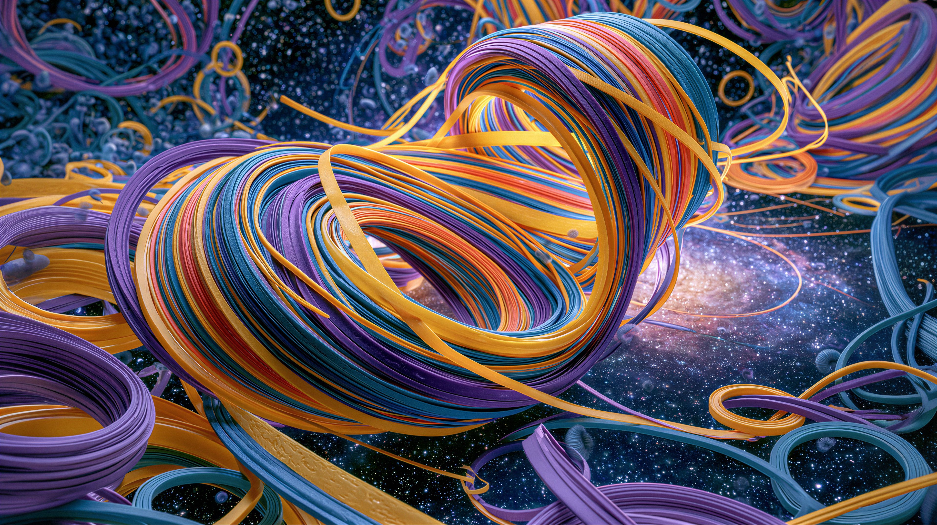 A vibrant, abstract image of a swirling knot made of colorful ribbons against a backdrop of a nebula.