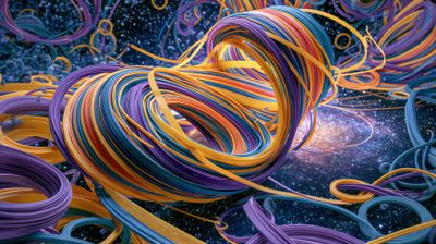 A vibrant, abstract image of a swirling knot made of colorful ribbons against a backdrop of a nebula.