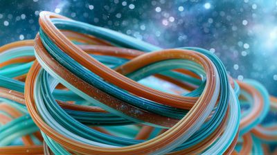 A vibrant, abstract image of intertwined ribbons against a starry backdrop.