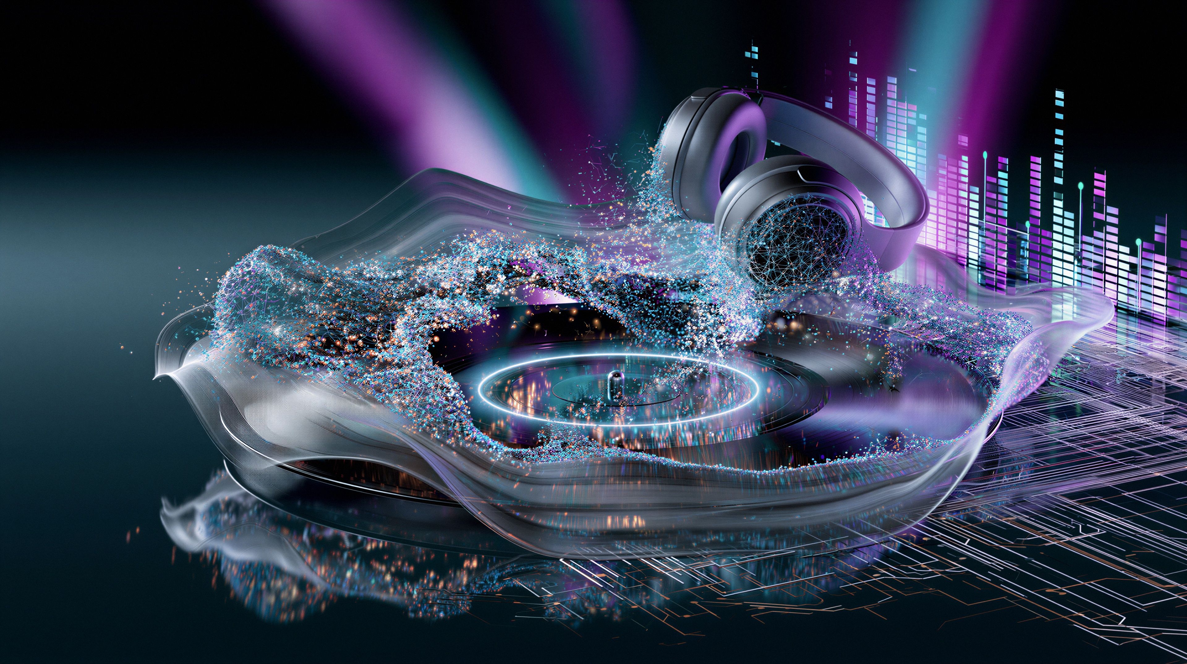 A vibrant image showcasing a pair of headphones emerging from a swirling vortex of digital energy, symbolizing immersive audio and technological innovation.