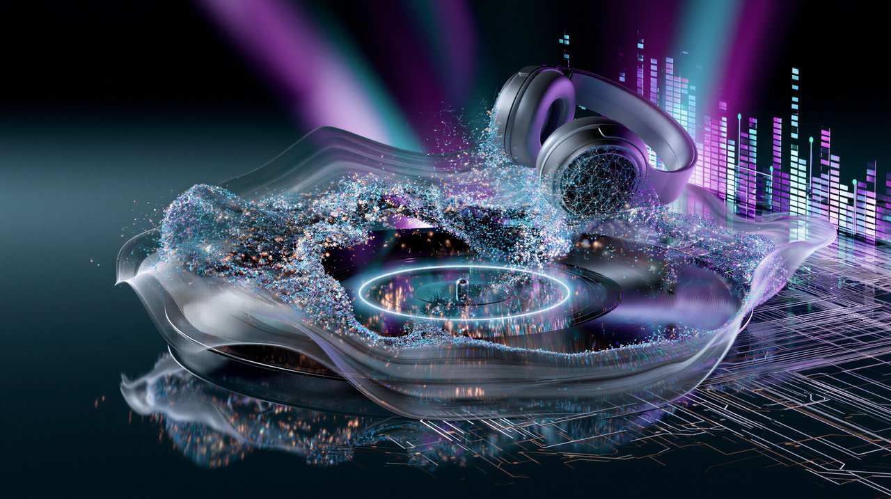 A vibrant image showcasing a pair of headphones emerging from a swirling vortex of digital energy, symbolizing immersive audio and technological innovation.