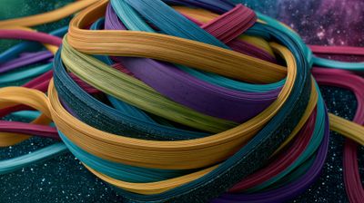 A vibrant, abstract image of swirling ribbons against a starry nebula background.