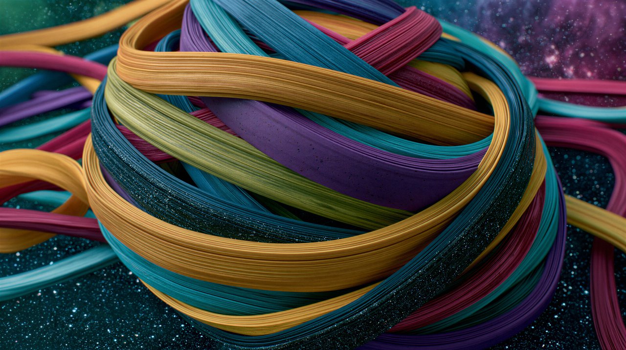 A vibrant, abstract image of swirling ribbons against a starry nebula background.