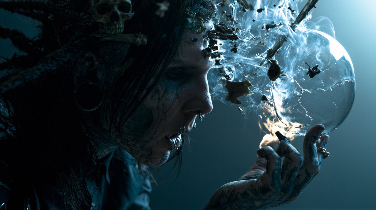 A close-up portrait of a heavily tattooed individual exhaling a swirling cloud of smoke, creating a surreal and atmospheric image.