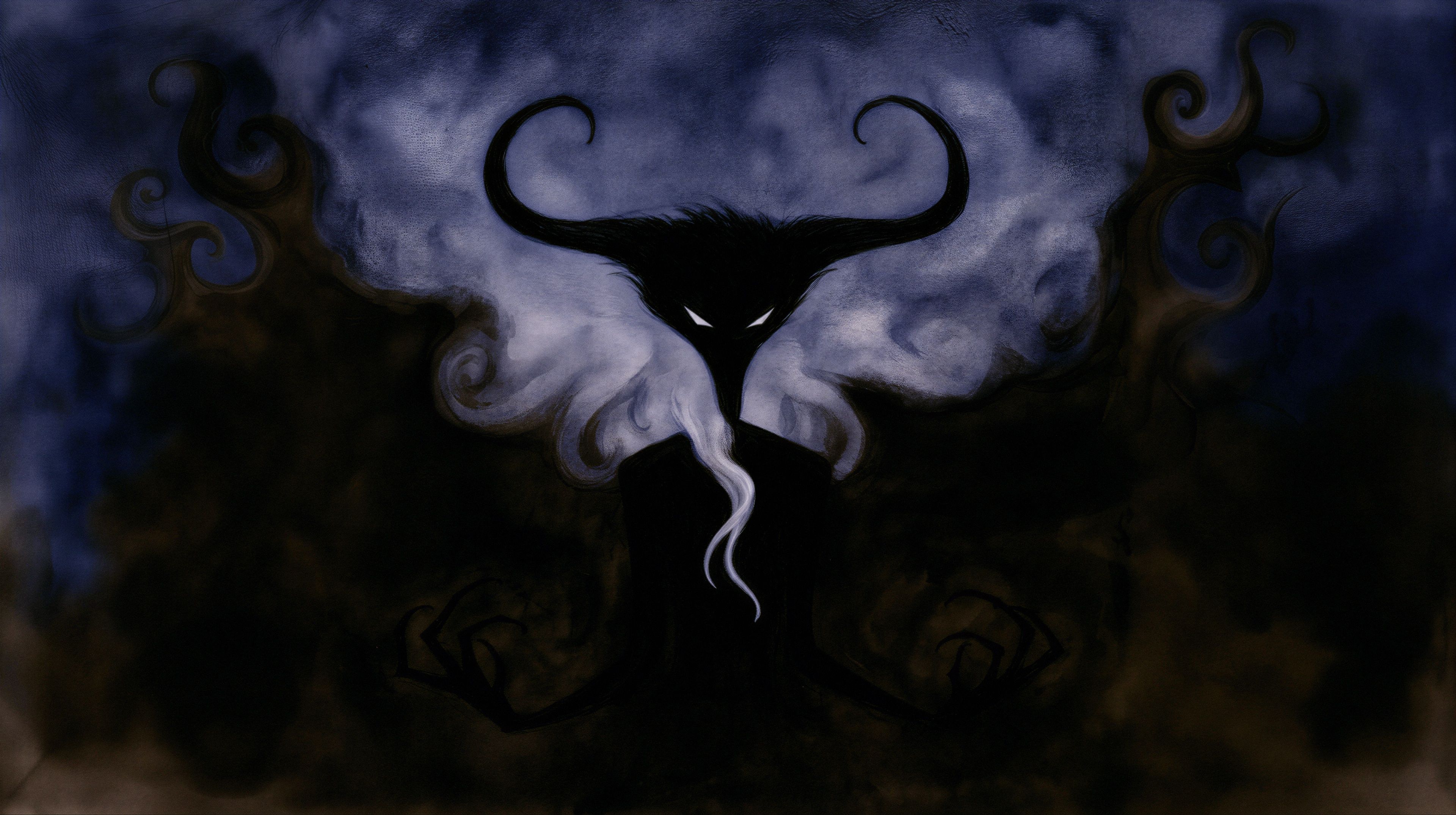 A dark, imposing figure looms against a swirling, smoky backdrop, radiating an aura of ancient power and mystery.