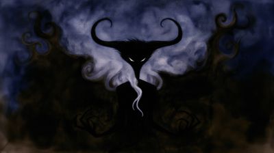 A dark, imposing figure looms against a swirling, smoky backdrop, radiating an aura of ancient power and mystery.