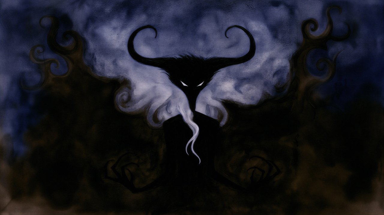 A dark, imposing figure looms against a swirling, smoky backdrop, radiating an aura of ancient power and mystery.