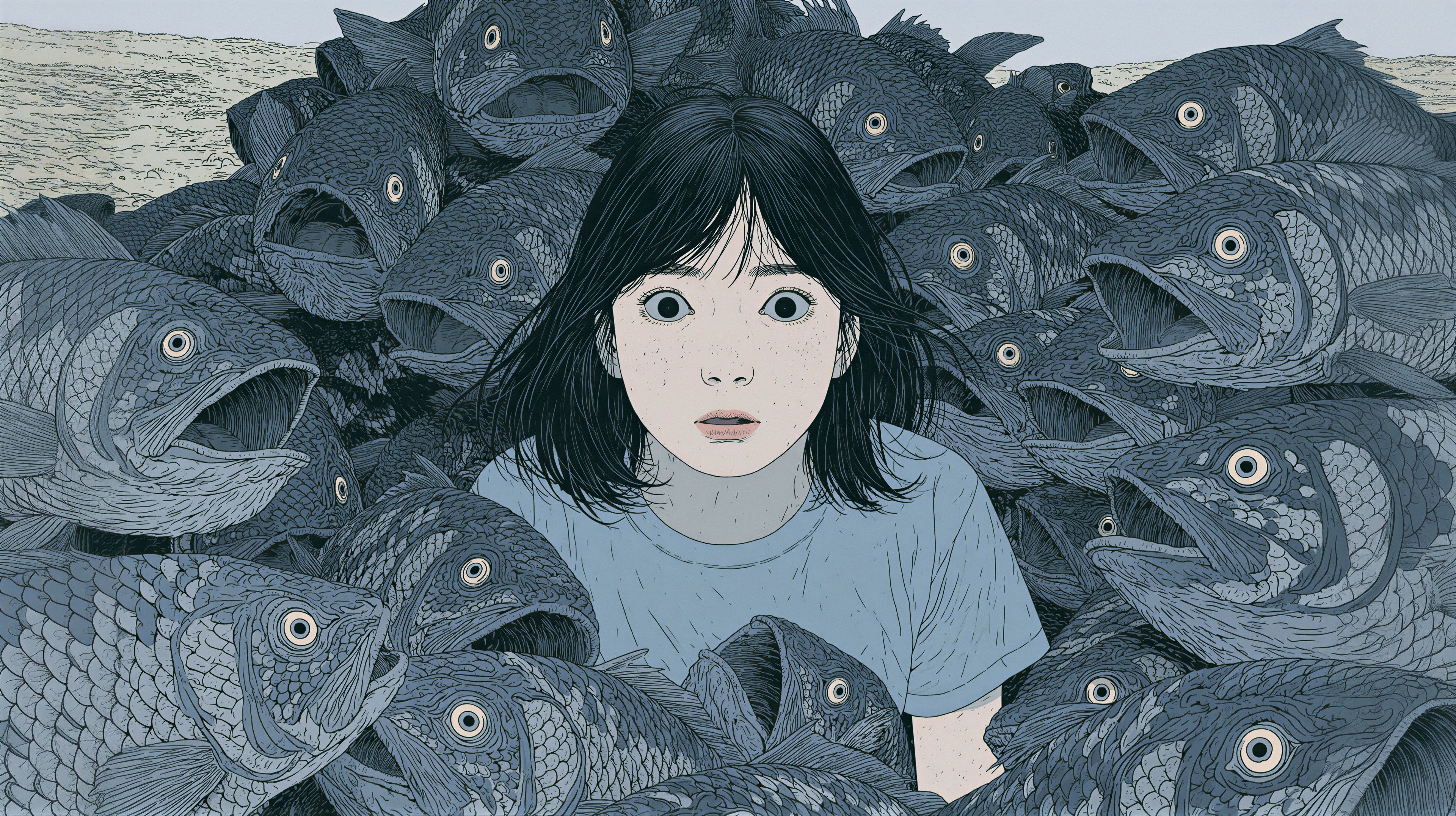 A young girl surrounded by a swirling mass of fish, her expression a mix of awe and apprehension.