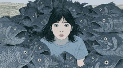 A young girl surrounded by a swirling mass of fish, her expression a mix of awe and apprehension.