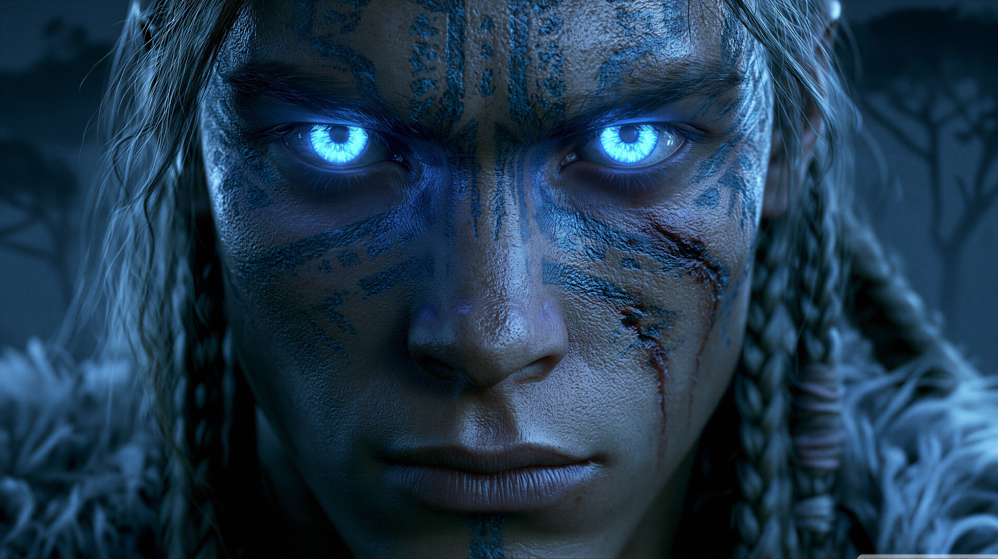 A close-up portrait of a fierce warrior with striking blue eyes and intricate tribal markings.