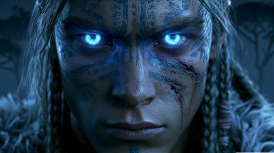A close-up portrait of a fierce warrior with striking blue eyes and intricate tribal markings.