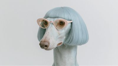A greyhound with a stylish blue bob haircut and pink sunglasses.