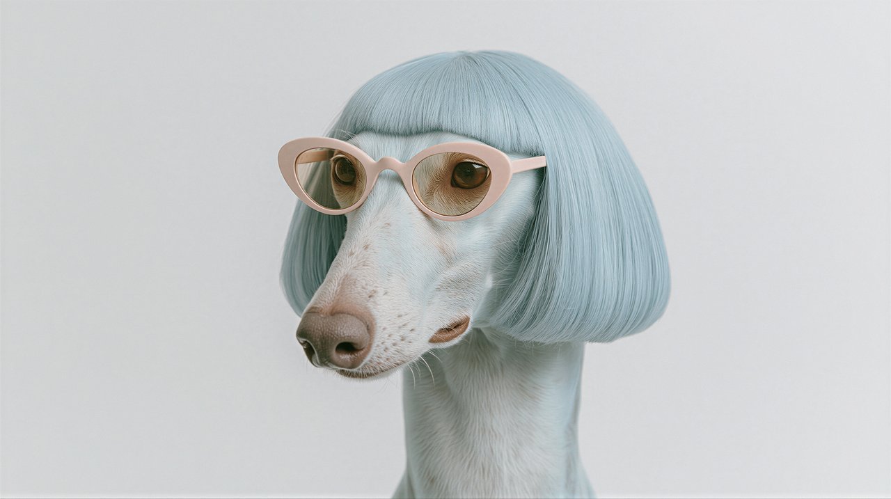 A greyhound with a stylish blue bob haircut and pink sunglasses.