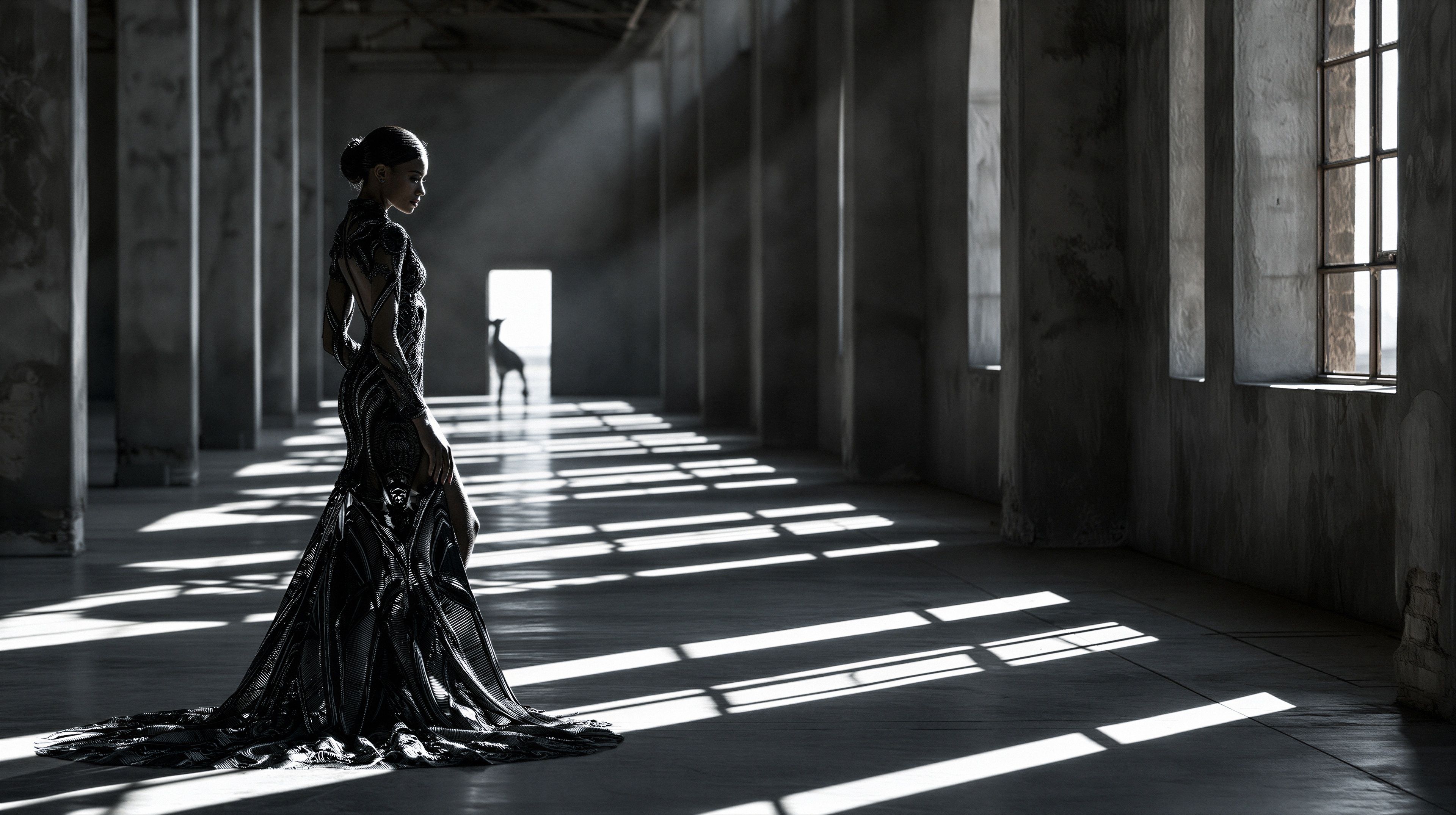A woman in a dramatic black gown stands in a decaying industrial space, bathed in stark sunlight.
