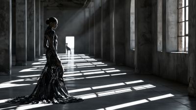 A woman in a dramatic black gown stands in a decaying industrial space, bathed in stark sunlight.