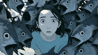 A young person surrounded by a swirling mass of fish, conveying a sense of overwhelming pressure and anxiety.