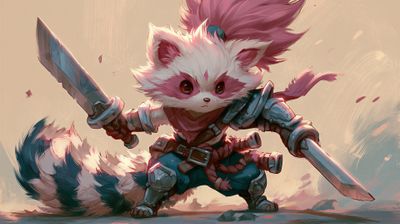 A valiant raccoon warrior stands ready for battle.
