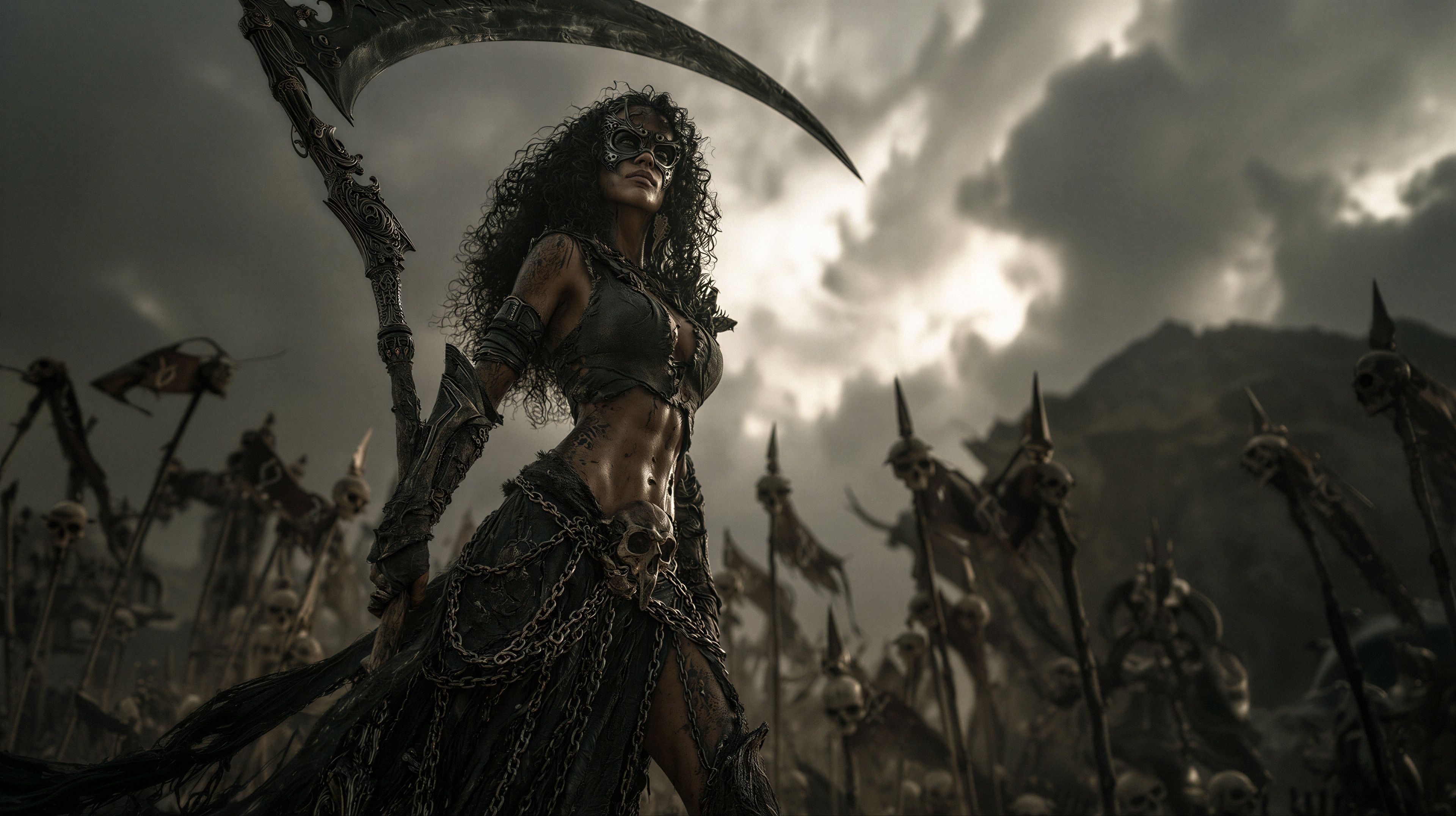 A powerful, dark queen stands amidst a vast field of skeletal warriors under a stormy sky.