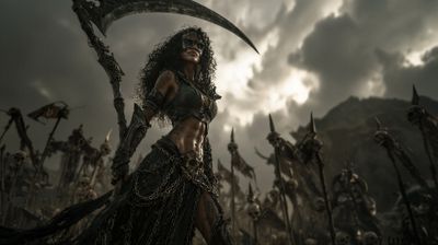 A powerful, dark queen stands amidst a vast field of skeletal warriors under a stormy sky.