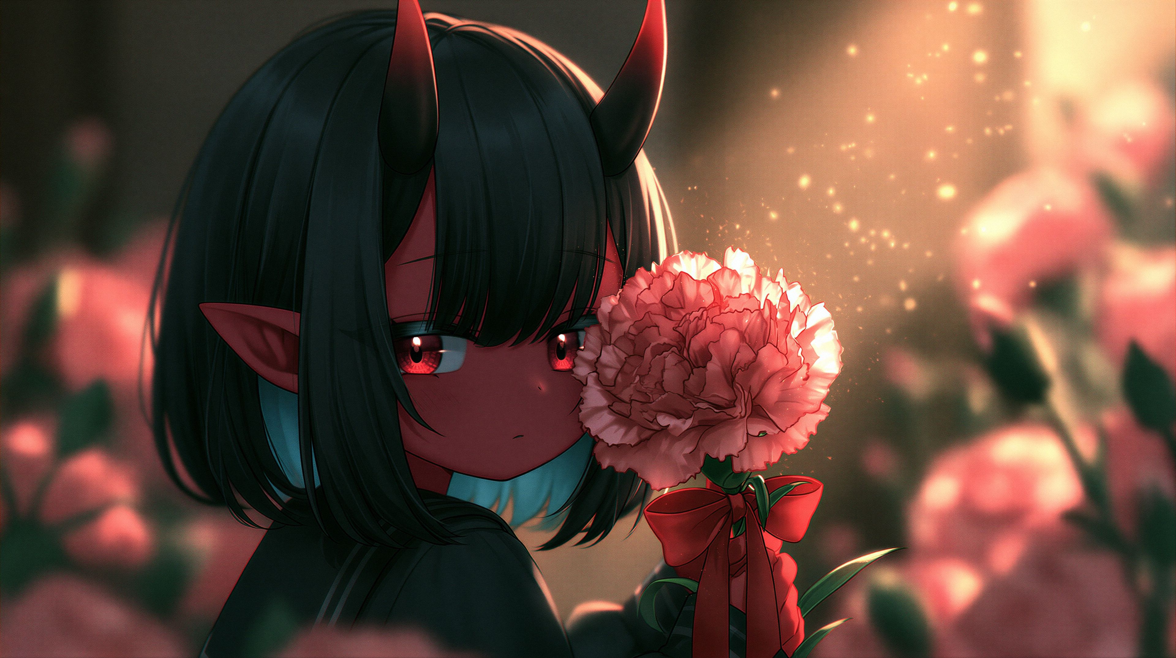 A young demon girl holds a vibrant pink peony, surrounded by a soft, floral backdrop.