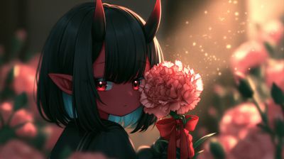 A young demon girl holds a vibrant pink peony, surrounded by a soft, floral backdrop.