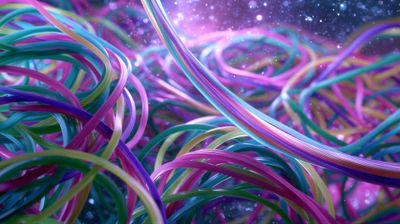 A vibrant, abstract image depicting swirling, luminous threads against a deep purple and starry background.