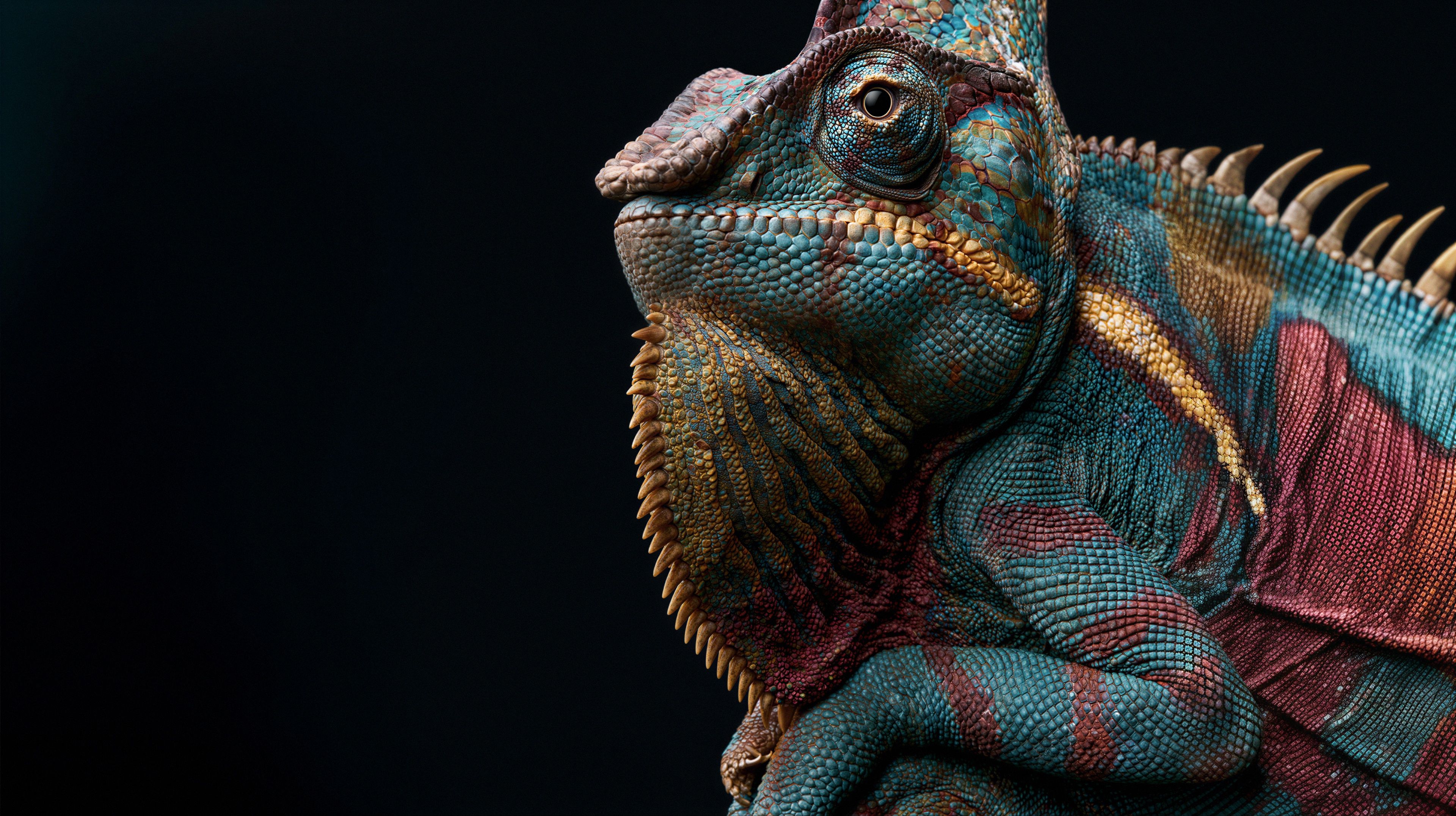 A close-up portrait of a vibrant chameleon against a stark black background.