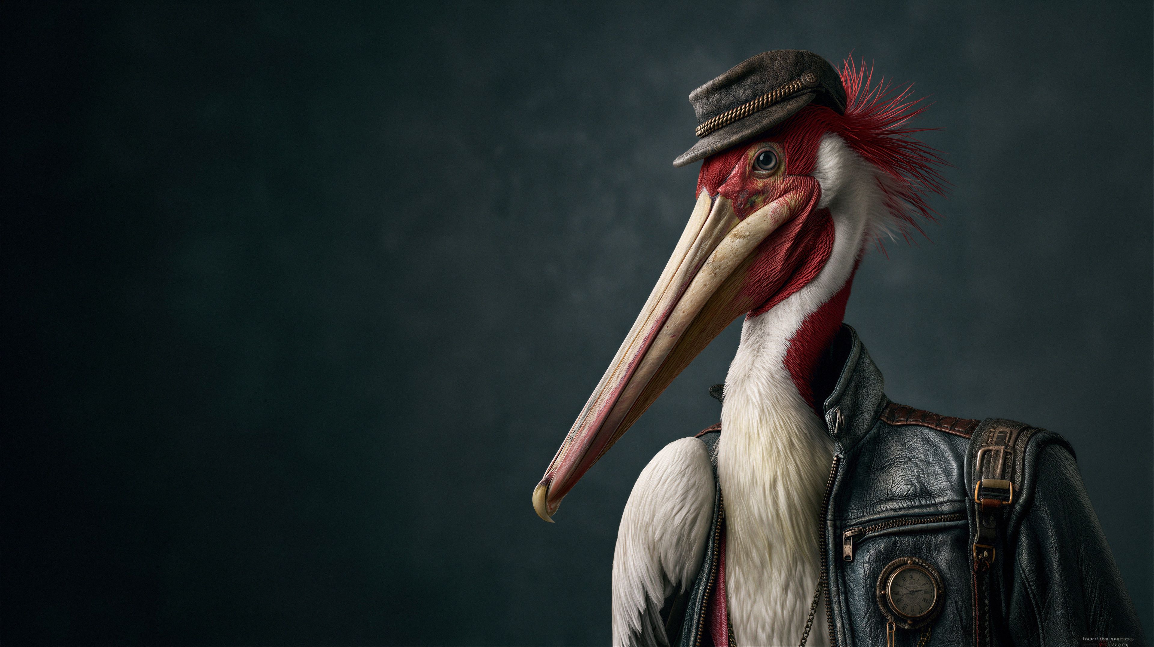 A detailed portrait of a pelican dressed as a vintage aviator.