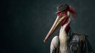 A detailed portrait of a pelican dressed as a vintage aviator.