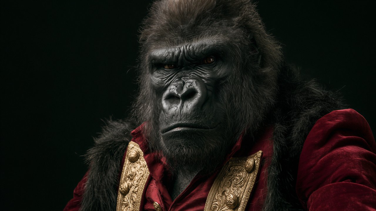 A majestic gorilla dressed in a regal red velvet coat stares intensely at the viewer.