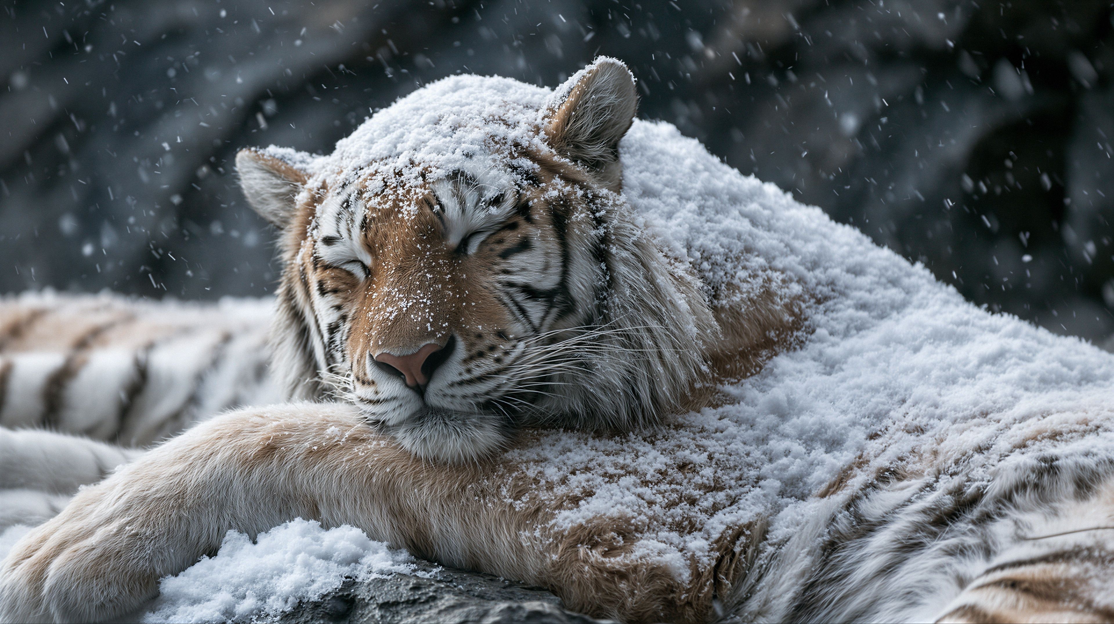A majestic white tiger rests peacefully amidst a snowfall, its fur dusted with pristine white.