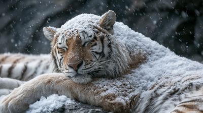 A majestic white tiger rests peacefully amidst a snowfall, its fur dusted with pristine white.
