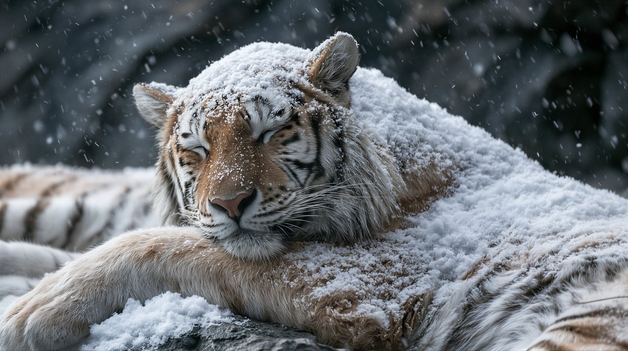 A majestic white tiger rests peacefully amidst a snowfall, its fur dusted with pristine white.