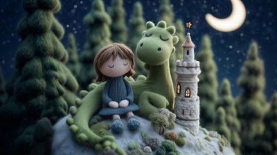A whimsical scene of a young girl and a gentle dragon nestled amongst towering trees under a starry night sky.