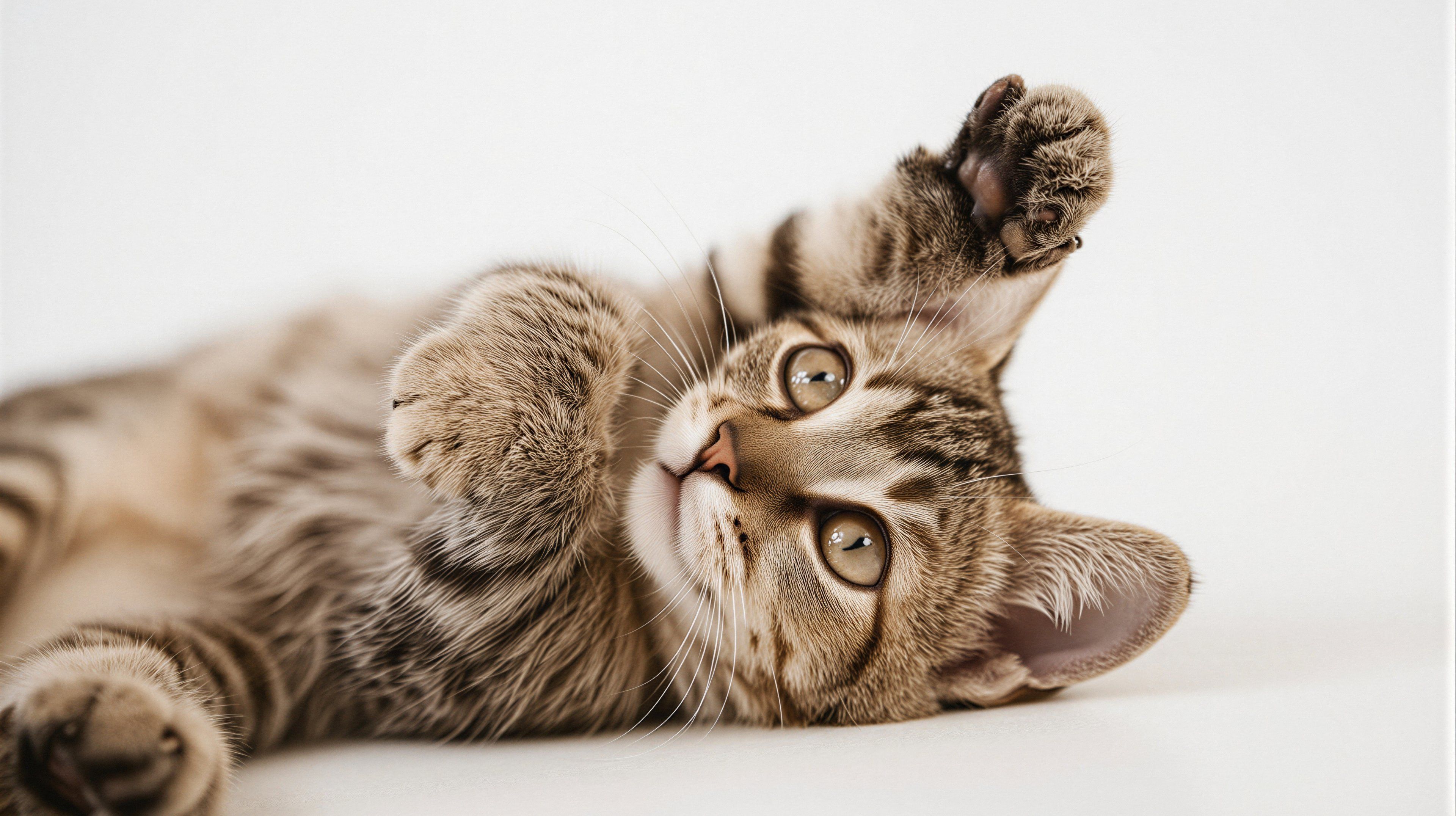 tabby kitten playfully stretches with its paws in the air.
