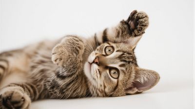 tabby kitten playfully stretches with its paws in the air.