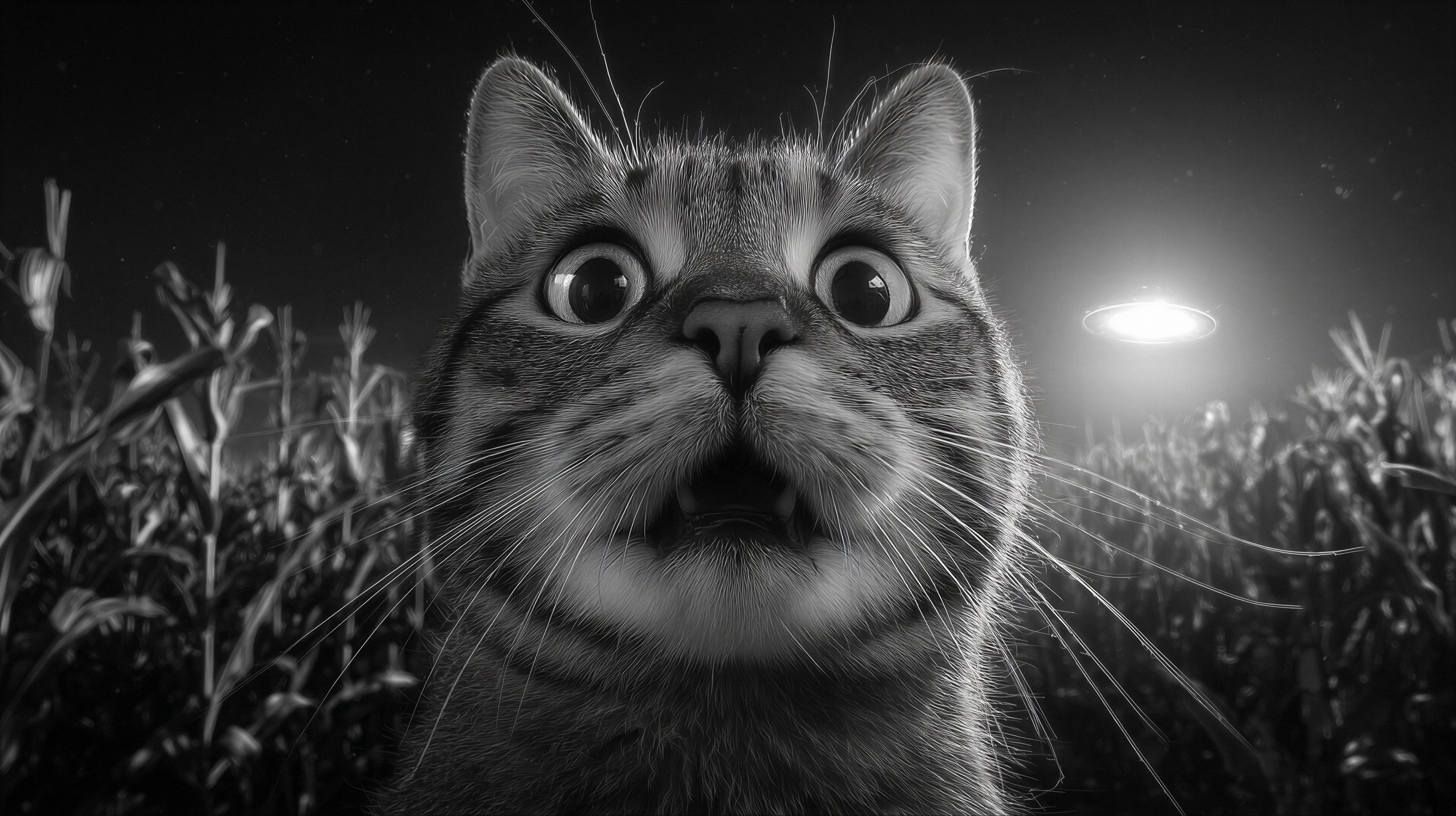 A tabby cat stares wide-eyed at a bright light in a cornfield.