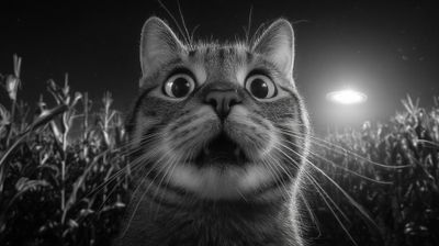 A tabby cat stares wide-eyed at a bright light in a cornfield.