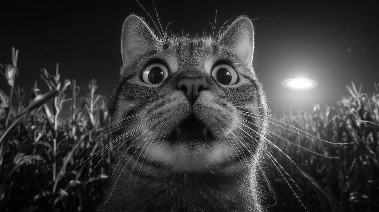 A tabby cat stares wide-eyed at a bright light in a cornfield.
