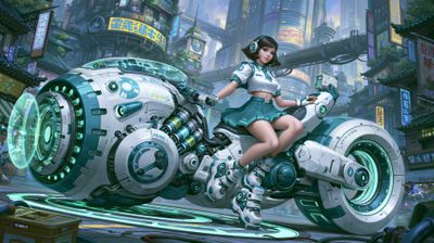A futuristic cyberpunk scene featuring a young woman riding a sleek, high-tech motorcycle through a vibrant, bustling cityscape.