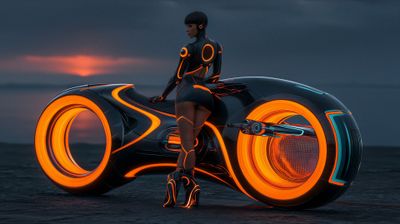 A futuristic woman leans against a glowing Light Cycle against a vibrant sunset backdrop.